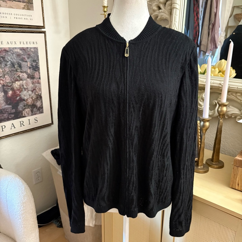 ST JOHN Black‎ Full Zip Sweater Texture Size M